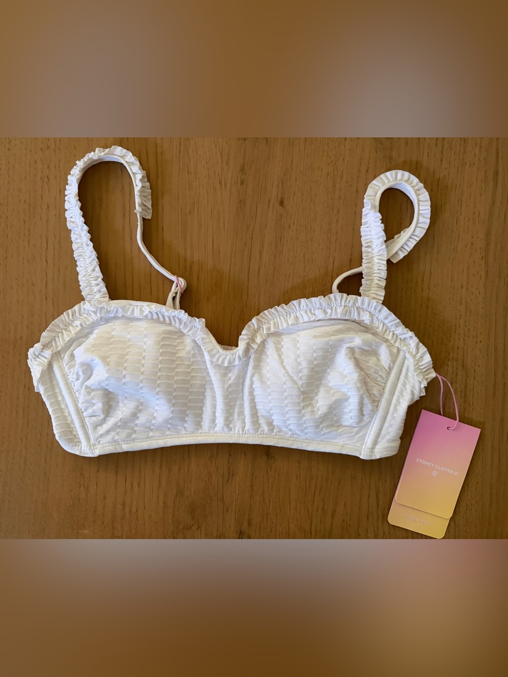 Limited Edition Stoney Clover Lane Textured White Ruffle Bikini Top NWT XS/S